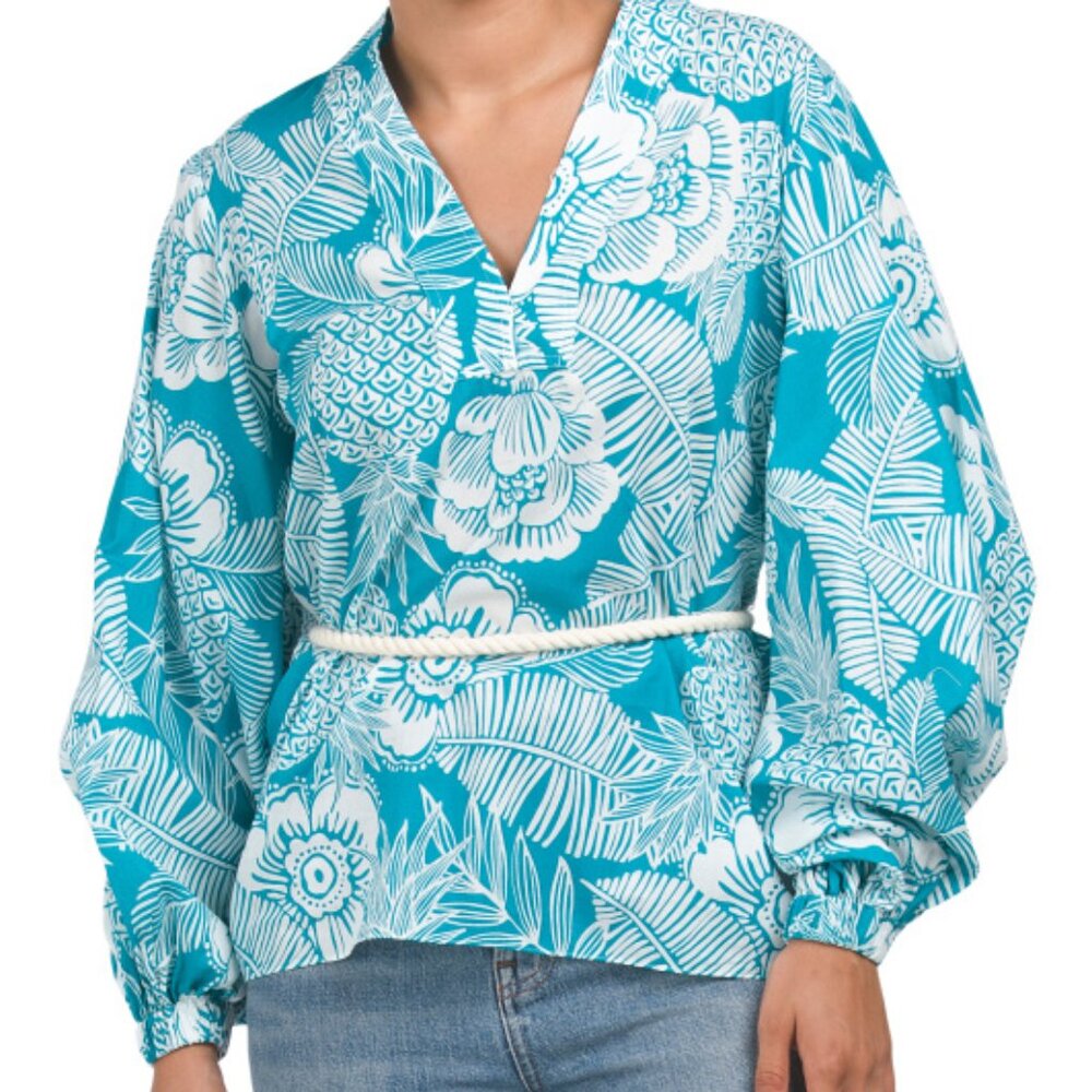 TRINA TURK Festivity Tropical Blue Printed Tunic Top Floral Rope Belt Small 4-6
